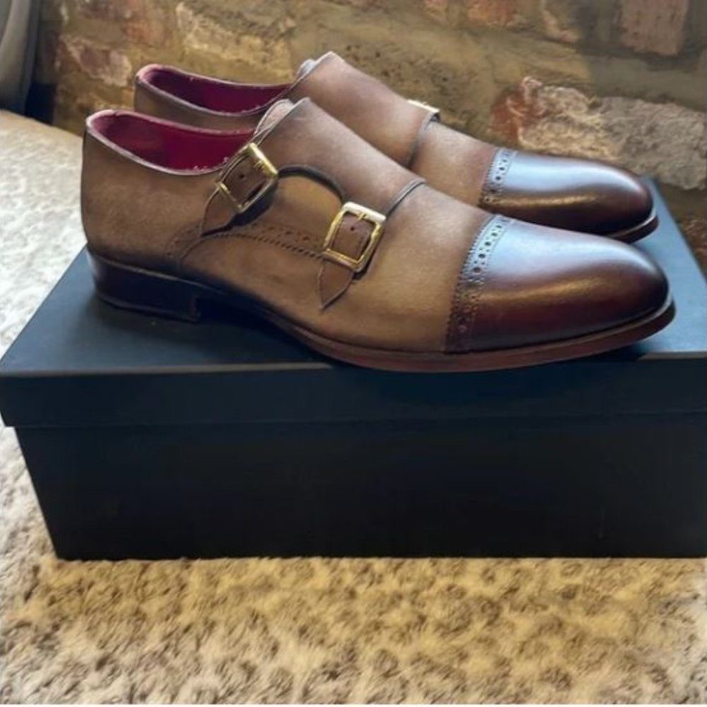 Paul Parkman Double Monkstrap Captoe Dress Shoes - Brown / Beige Suede  NIB